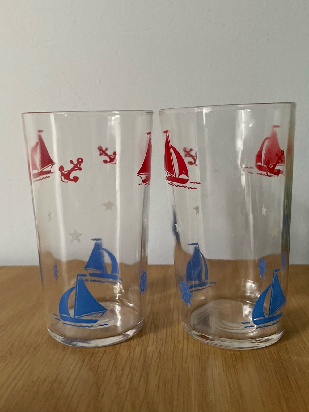 Vintage MCM Nautical Sailboat & Anchor Drinking Juice Glasses Set of 2